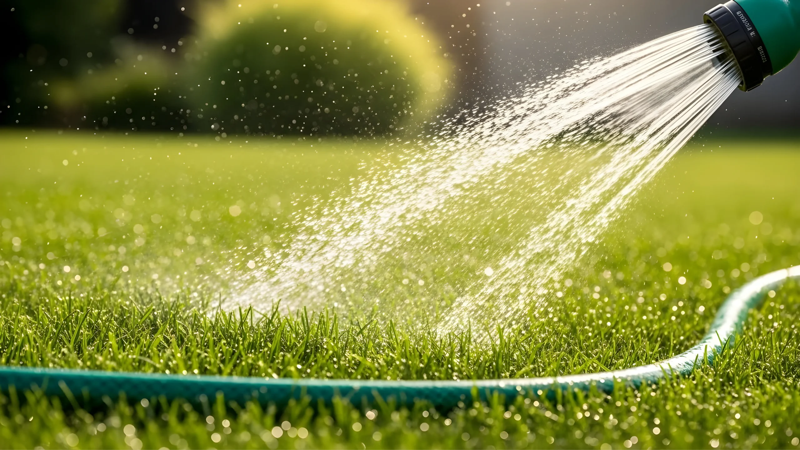 a garden hose waters a green grass lawn on a sunny day photo 1